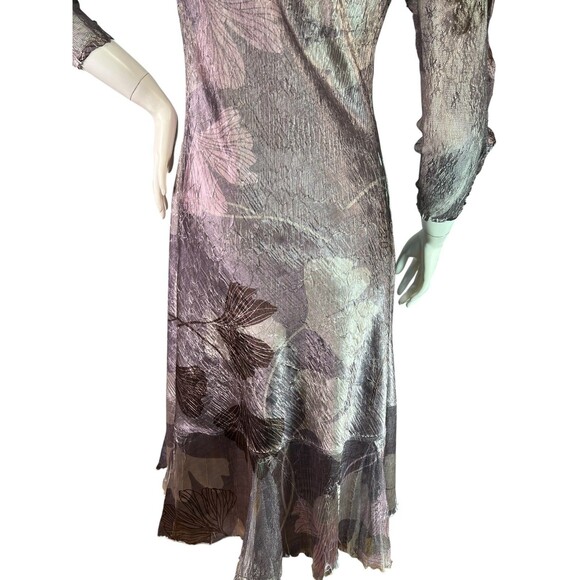 Komarov Dress Gray Silver Mauve Ginko Leaf Print Pleated Hem, Lace Detail $468 M - Picture 9 of 13